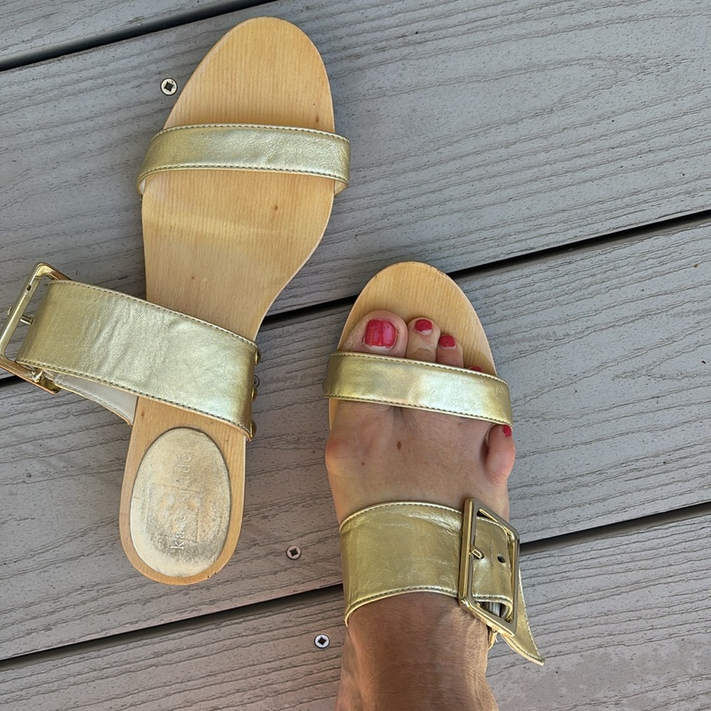 Kate Spade gold double adjustable buckles strap wooden round heel Sandals - Picture 4 of 10
